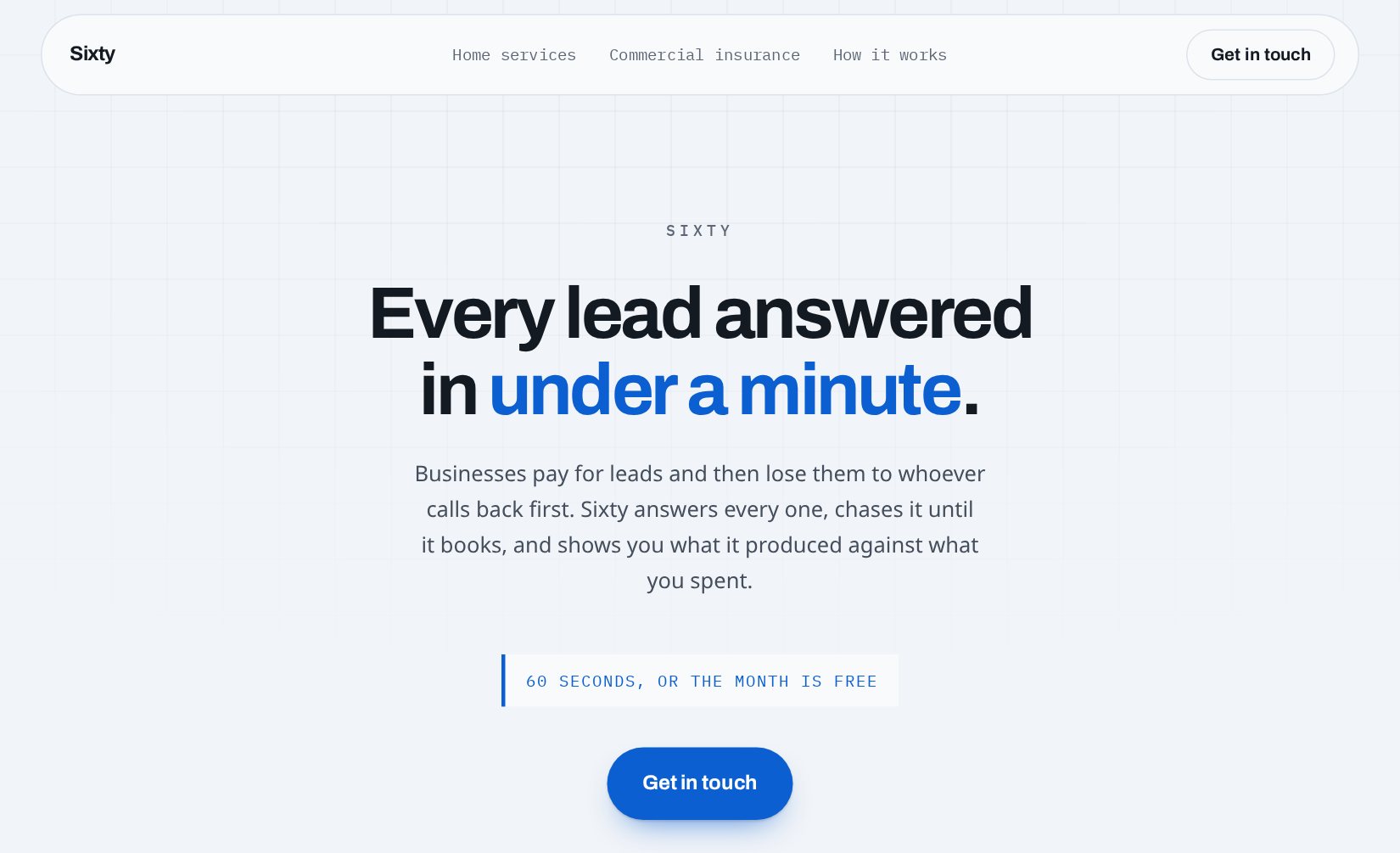 The Sixty service page, headed every lead answered in under a minute